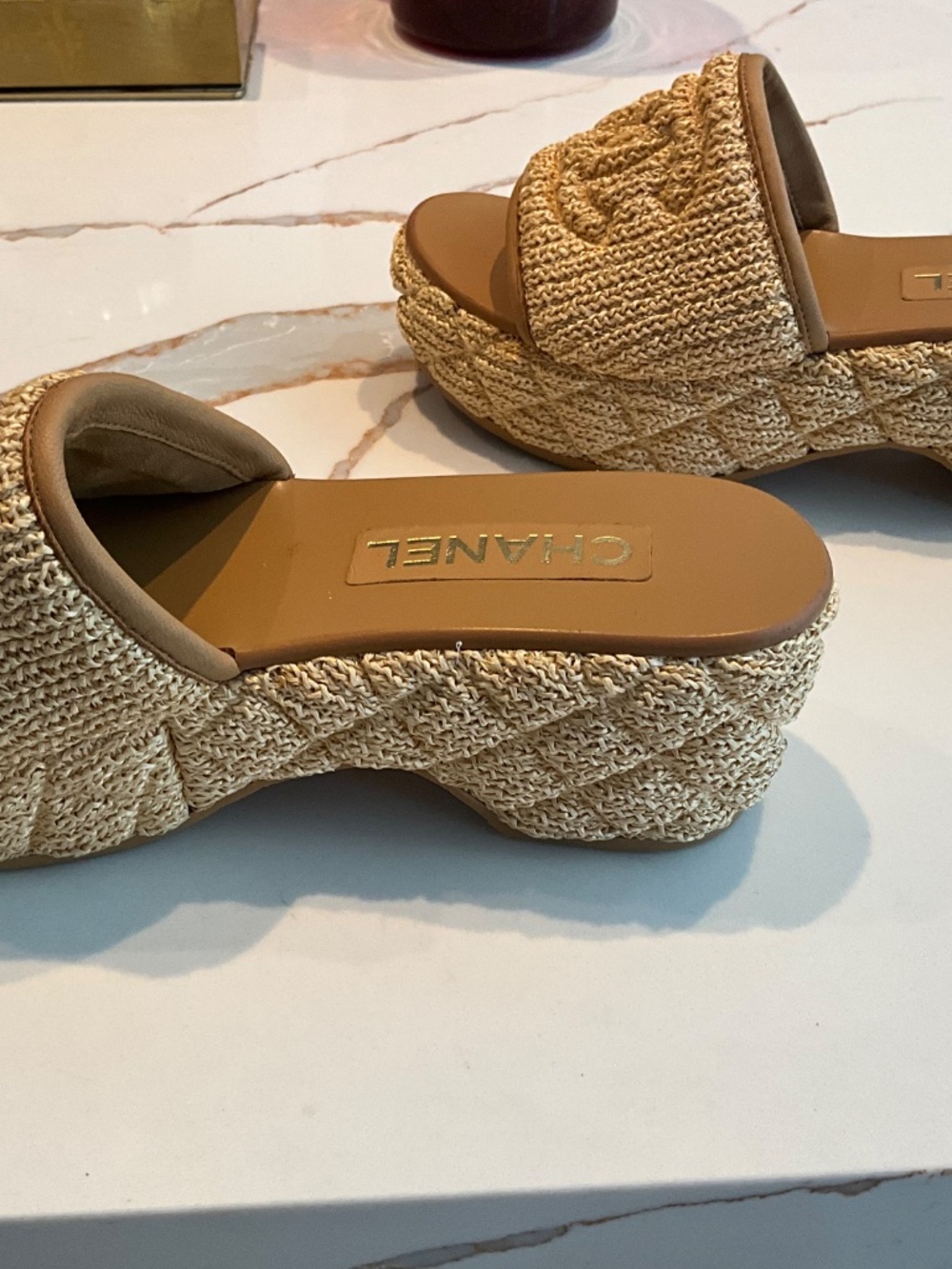 CHANEL Tan Raffia Slide Clogs with Embossed CC - Picture 6 of 9
